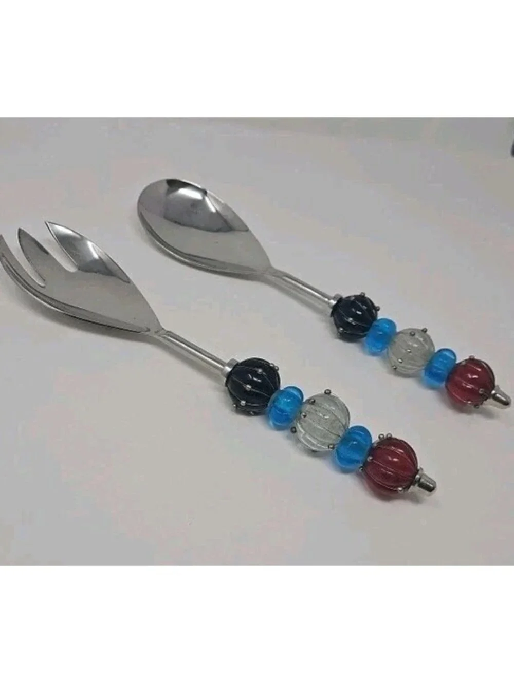 2 Piece Stainless Steel Salad Servers Set Glass Bead Handles Made In India